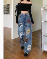 Retro Style Cute Graffiti Jeans - Y2K Aesthetic featuring colorful animal graffiti designs on denim.
