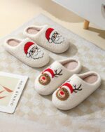 Pair of christmas plushy slippers with Santa and reindeer design.