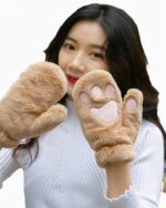 Neko Paw winter gloves, beige faux fur mittens with paw-print accents.