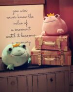 Kero the Queen and King Frog Plushie, a teal and pink frog prince plushie, displayed with vintage suitcases.