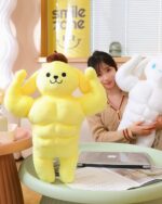 Yellow sanrio muscular plushie, Popples, posing with arms raised.