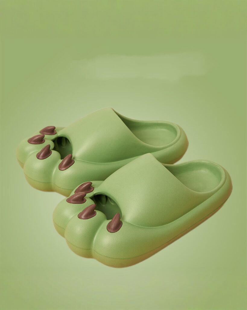 Green cat paw sandals, thick and comfortable slides for home or casual wear.