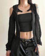 Black hooded cut out top, gothic aesthetic top with open shoulders.