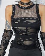 Close-up of a black gothic mesh top vest with cutouts and a layered mesh design. Featuring a gothic mesh top.