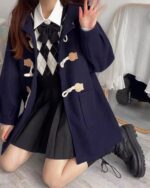 Dark navy kawaii woolen coat with bear accents and rope toggles, featuring a hooded design.