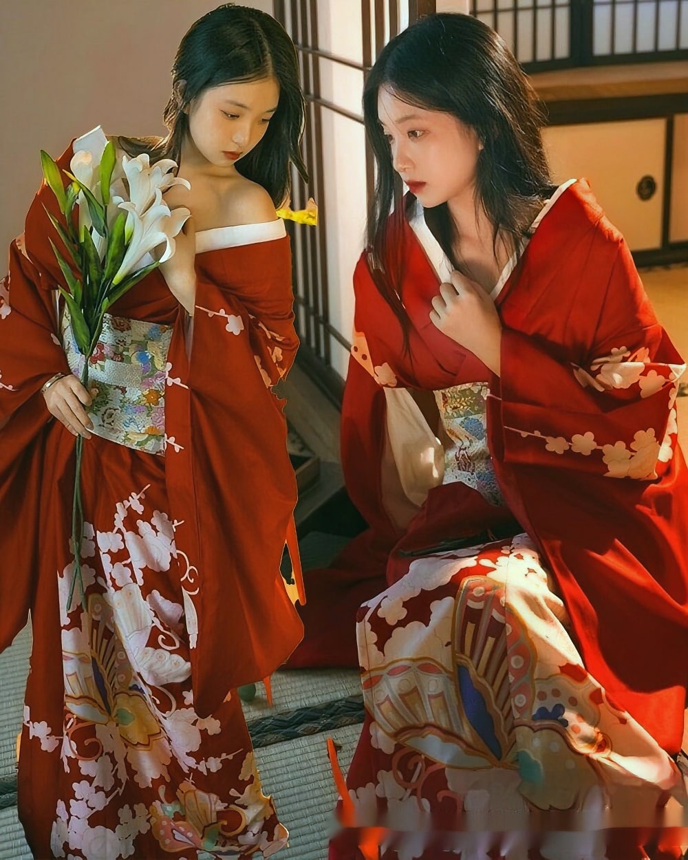 Red Kimono - Japanese Aesthetic product photo 1 Two women wearing a vibrant red aesthetic kimono with floral patterns. They hold lilies and appear to be indoors.
