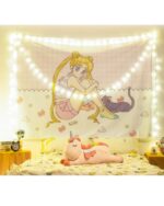 Anime wall tapestry featuring Sailor Moon, cat, and unicorn decor hanging on a bedroom wall with fairy lights.