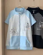Blue and white japanese striped loungewear with cute cat illustrations.