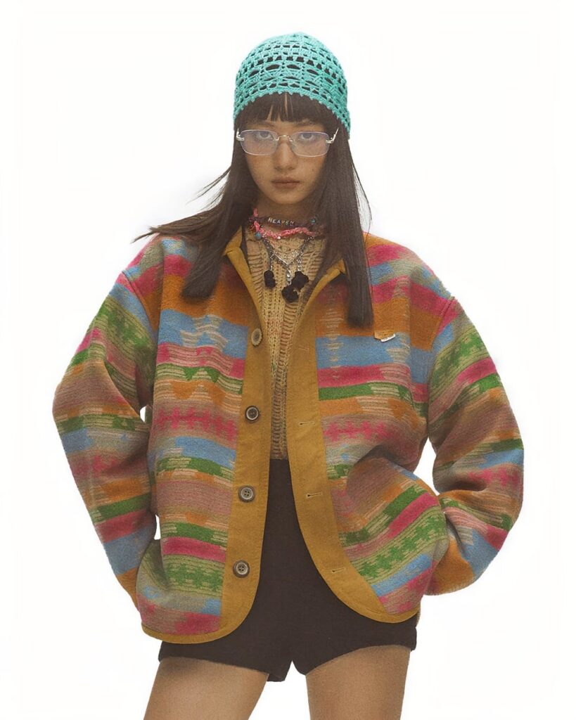 Artsy woolen vintage aesthetic jacket featuring a colorful patterned design.