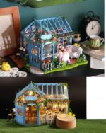 Cute Miniature Cozy English Tea Shop - Building Set miniature tea house kit, displayed on a table with accessories.