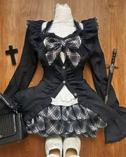 Black kawaii bowed outfits preppy style, featuring a blouse, skirt, and jacket with lace details.