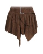Irregular brown aesthetic vintage skirt with belt and ruffled details.