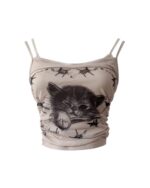The KItty Top - Y2K Aesthetic, a light brown tank top with cat and bird print, spaghetti straps.