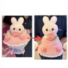 Two views of the bouquet rabbit plushie, a cute pink and white stuffed animal.
