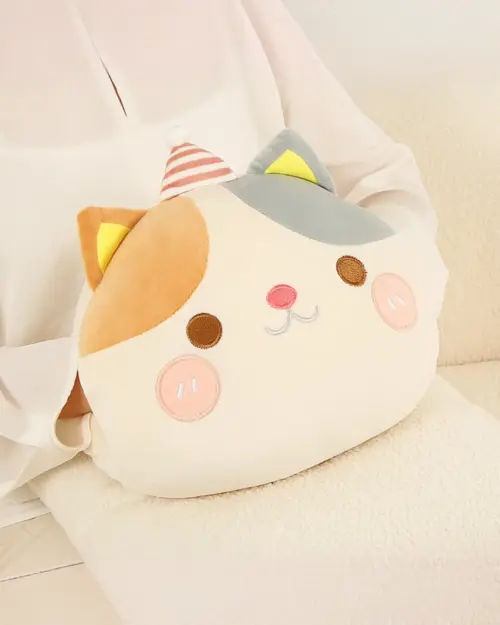 Kawaii plushie handwarmer featuring a cute cat design with embroidered details.