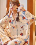 Strawberry lamb kawaii pajamas featuring a cute floral print design.