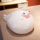 White pufferfish plush toy with large eyes and a smiling face, soft and huggable.