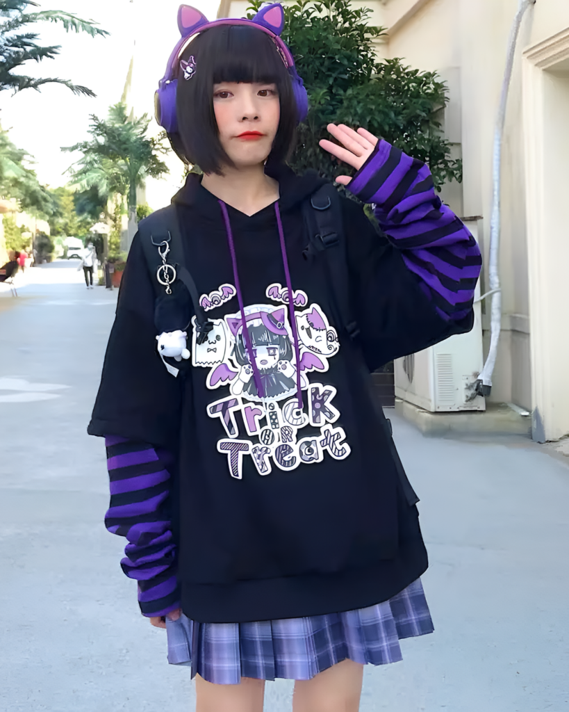 A black Kawaii Cartoon Hoodie worn by a woman with cat ears and layered accessories.