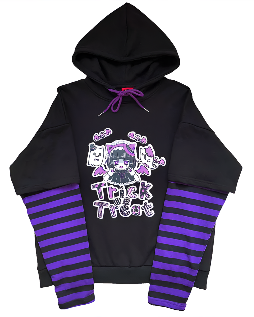 Black Kawaii Cartoon Hoodie with purple stripes and 'Trick or Treat' graphic.