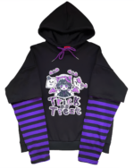 Black Kawaii Cartoon Hoodie with purple stripes and 'Trick or Treat' graphic.
