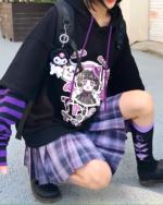 Black Kawaii Cartoon Hoodie featuring anime characters, long sleeve, and drawstring hood.