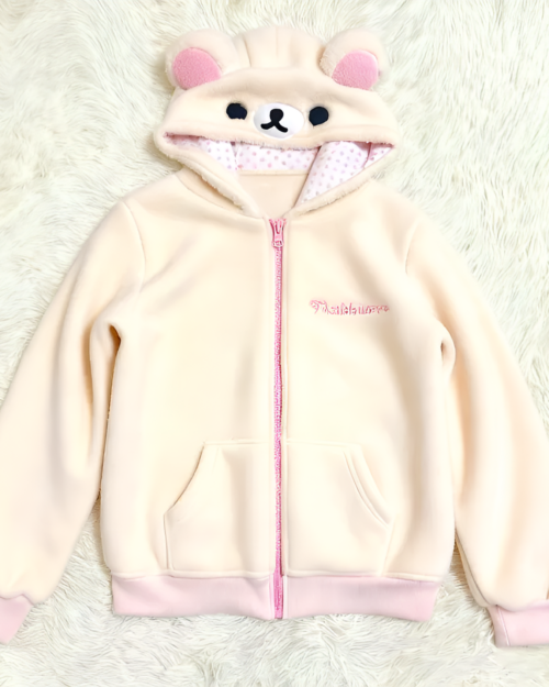 Cream-colored Jojifuku Aesthetic Hoodie featuring a bear hood and pink trim.