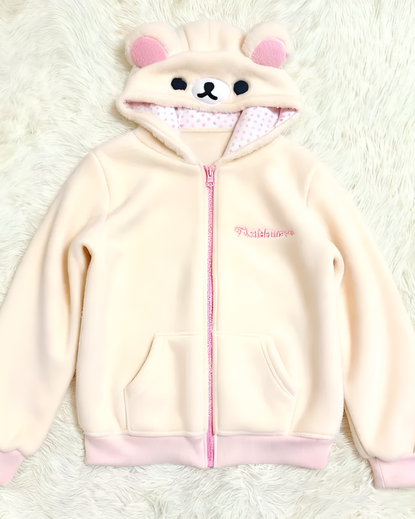 Cream-colored Jojifuku Aesthetic Hoodie featuring a bear hood and pink trim.