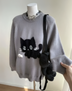 Gray Black Neko Sweater with cat applique and crossbody strap. Vintage style knitwear.