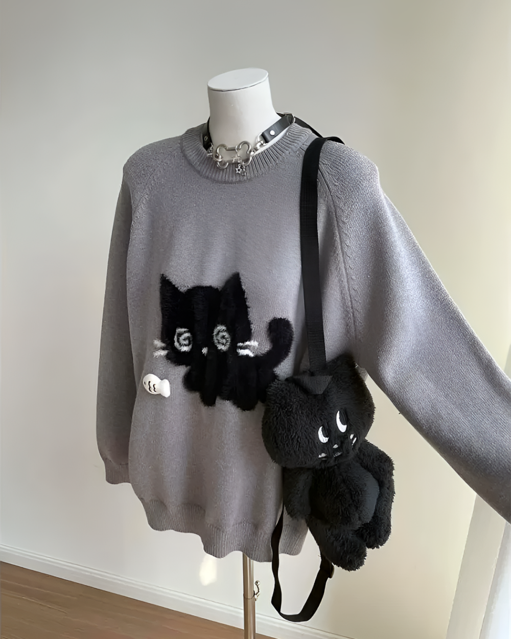 Gray Black Neko Sweater with cat embellishments and attached plush toy, vintage style.