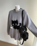 Gray Black Neko Sweater with cat embellishments and attached plush toy, vintage style.