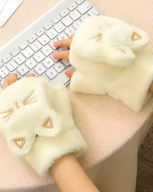 White Cat Plush Mittens - Kawaii Winter, featuring a cat face design on each mitten.