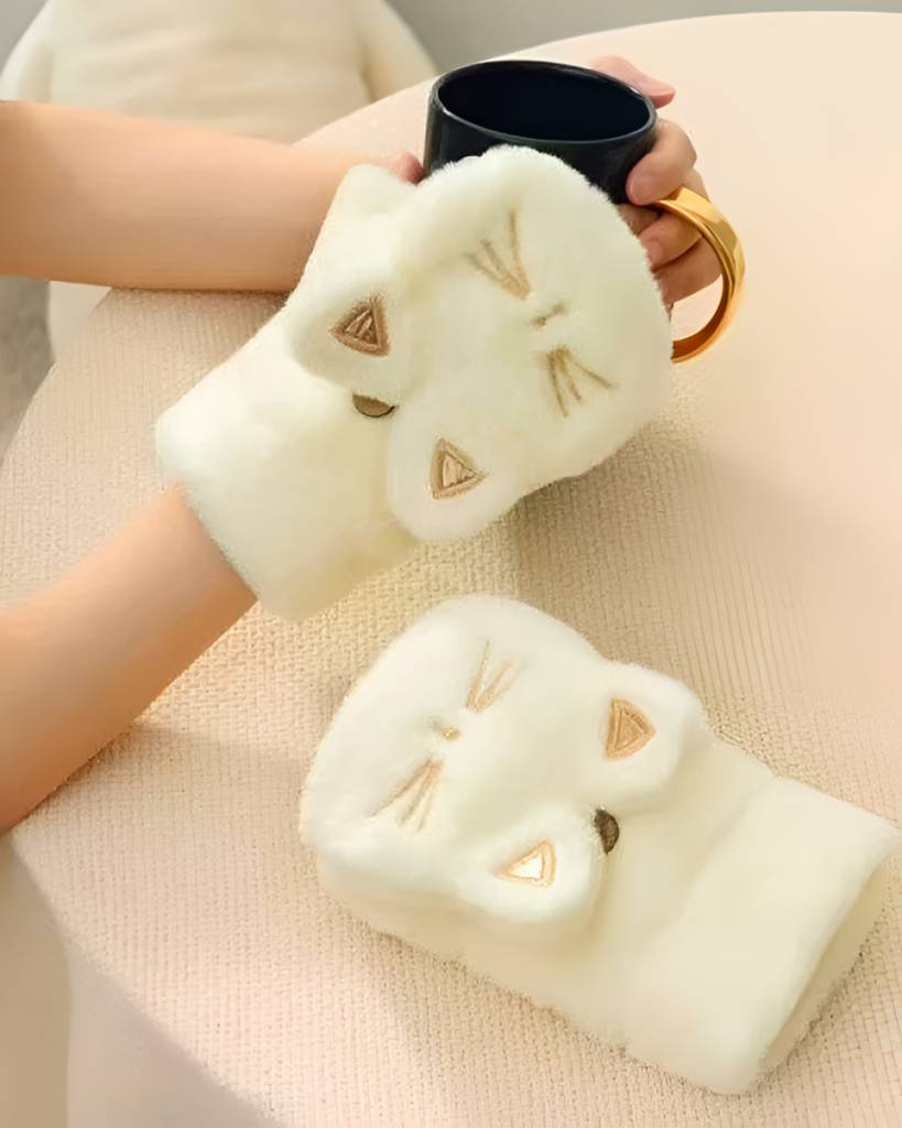 Cute white Cat Plush Mittens featuring adorable cat faces, perfect for winter warmth.