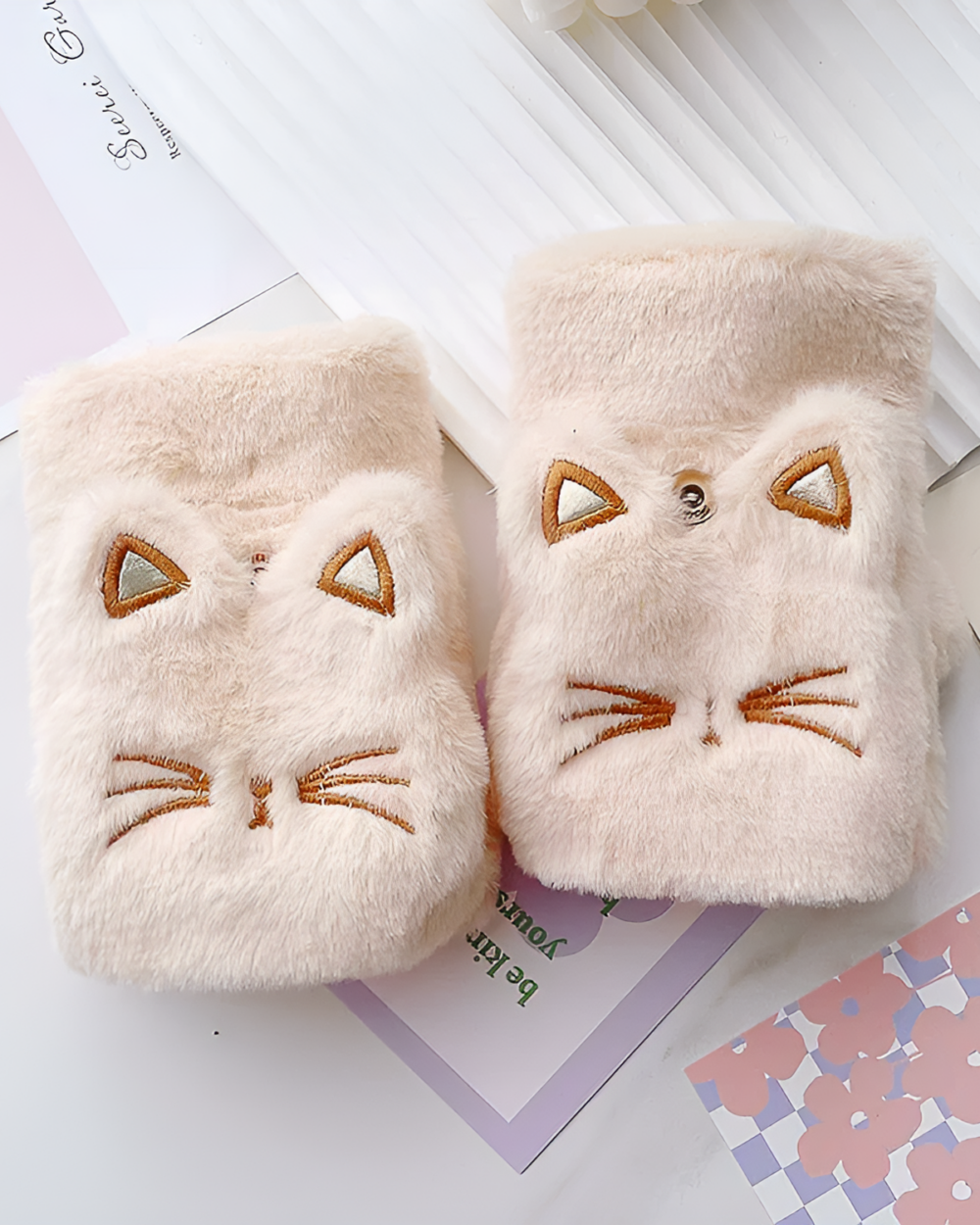 Cat Plush Mittens - Kawaii Winter, soft plush mittens with cat faces.