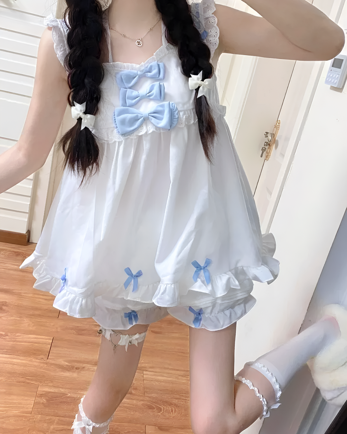 Cloudy Bowed Two Piece Set - Yume Kawaii Set, white lace dress with bows and ruffled bloomers.
