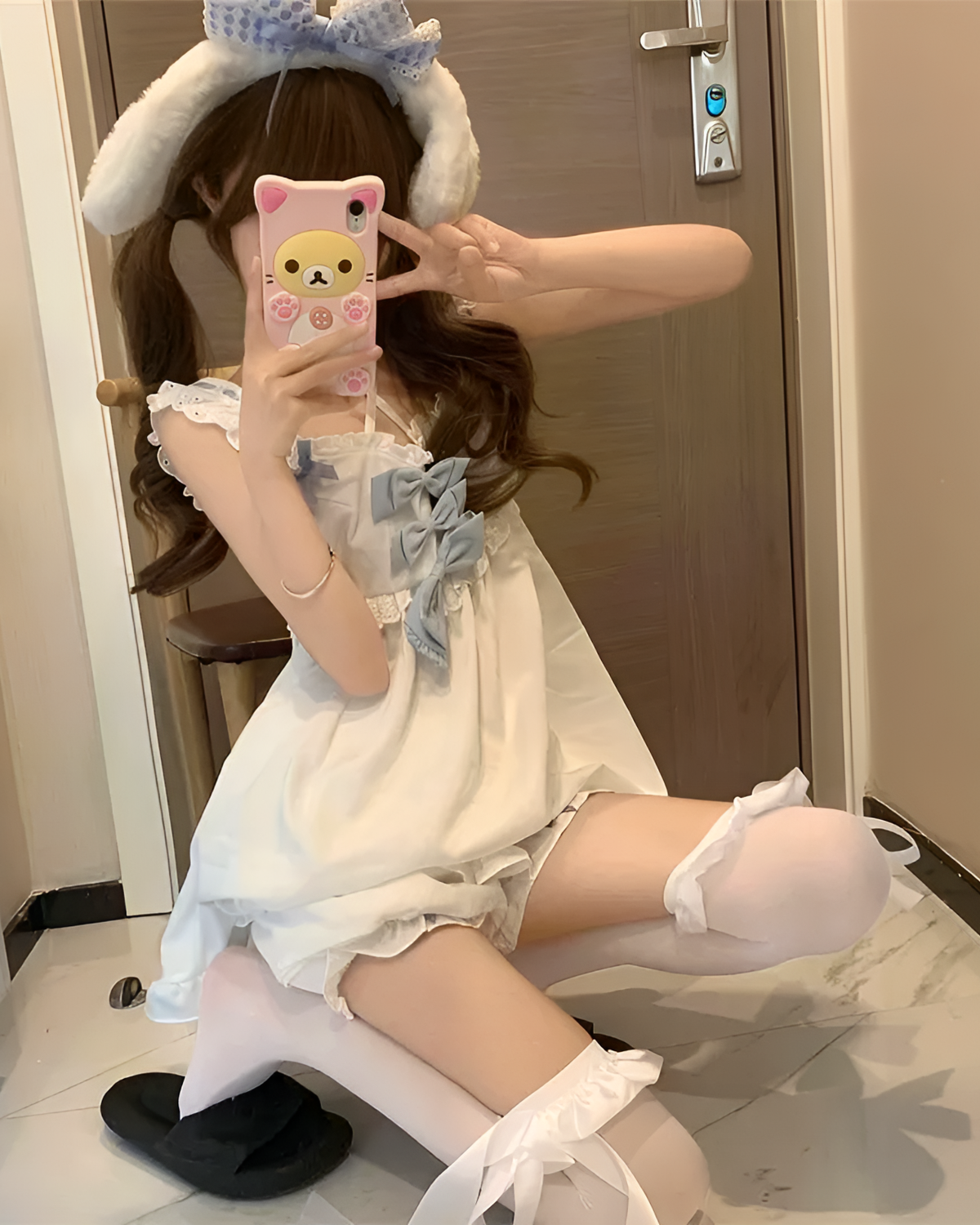 Cloudy Bowed Two Piece Set - Yume Kawaii Aesthetic, featuring a white dress with ruffles and white socks.