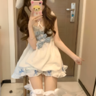 Cloudy Bowed Two Piece Set - Yume Kawaii Set, white dress with bow, knee-high socks.
