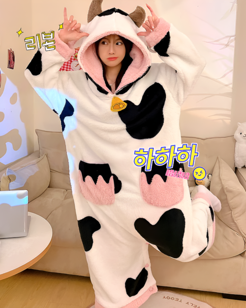 A white Cow Onesie with black spots, featuring a hood and ears. Kawaii pajamas.