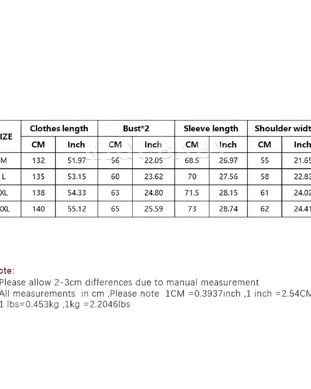 Size chart for Cow Onesie - Kawaii Pajamas, showing measurements.