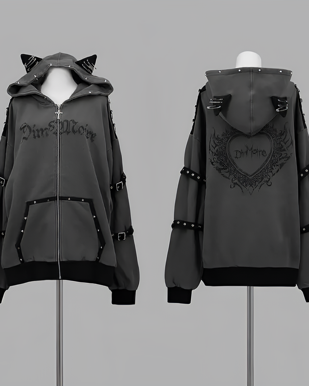 Dark Cat Hoodie, grey zip-up hoodie with cat ears and gothic detailing.