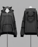 Dark Cat Hoodie, grey zip-up hoodie with cat ears and gothic detailing.