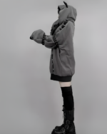 Grey Dark Cat Hoodie with cat ears and straps, soft grunge aesthetic.