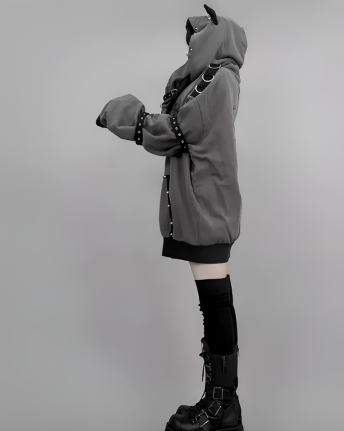 Grey Dark Cat Hoodie with cat ears and straps, soft grunge aesthetic.