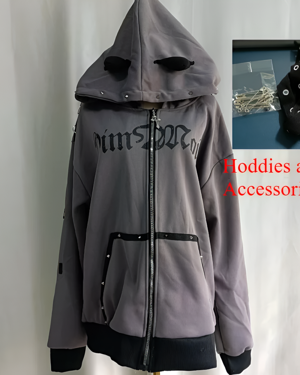 Gray Dark Cat Hoodie with zipper, hood, and black details. Grunge aesthetic sweatshirt.