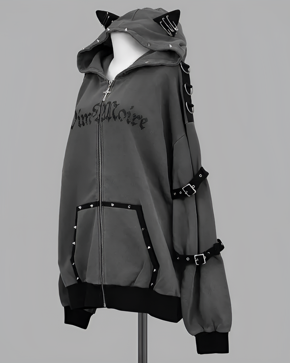 Grey Dark Cat Hoodie with cat ears and straps. Soft grunge aesthetic zip-up jacket.