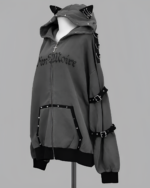 Grey Dark Cat Hoodie with cat ears and straps. Soft grunge aesthetic zip-up jacket.