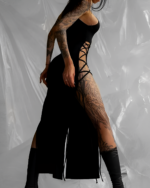 Black Nu-Goth Aesthetic Dress featuring side laces and a slit.