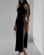 Dark Nu-Goth Aesthetic Dress featuring high slits and side laces.
