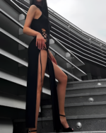 Black Nu-Goth Aesthetic Dress with side slit and lacing details.