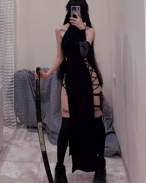 Black Nu-Goth Aesthetic Dress with lace details and cutouts.