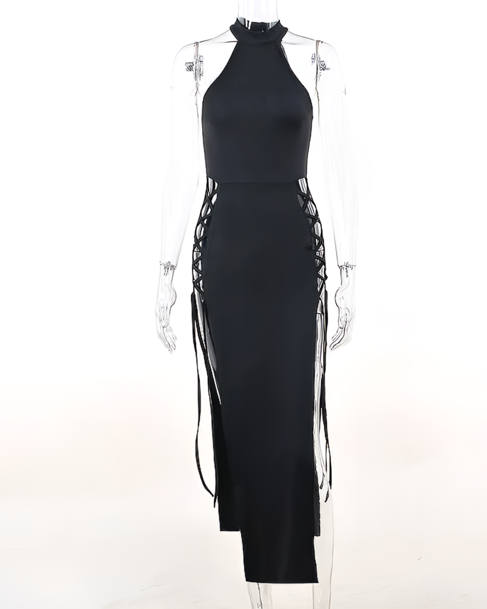 Black Nu-Goth Aesthetic Dress with high neck, side slits, and fringe details.